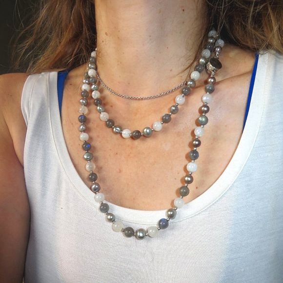 Stunning Extra LONG Moonstone Labradorite Pearl Sterling Silver Necklace - Picture 5 of 16